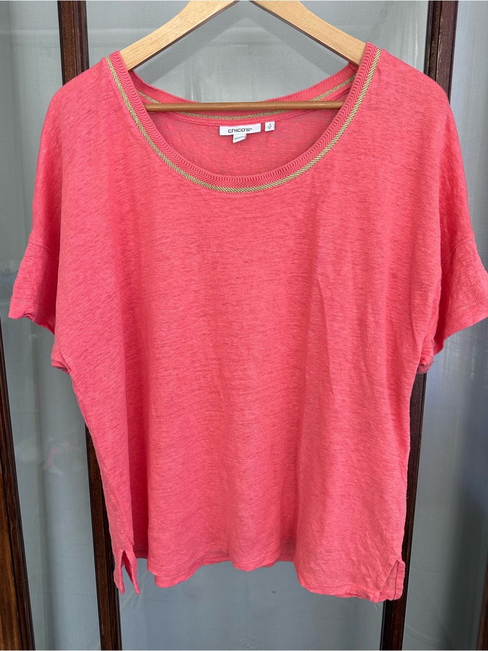 Chicos Linen Scoop Neck Top XL Size 3 Pink Coral Short Sleeve Resort Beach Nice